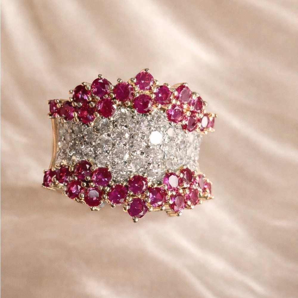 Opulent Ruby Diamond Wide Band Ring in Yellow Gold - Picture 2 of 12